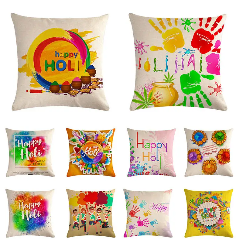 Индийская наволочка Happy Holi праздничная для подушки тонкие льняные хлопковые