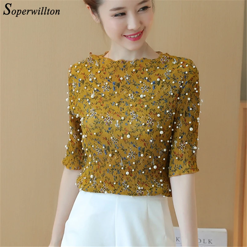 

Black apricot Pearls Beaded Blouse Women Tops Elegant Short Sleeve Chiffon Blouses Women 2019 Summer Floral Blouse Ruffle Slim