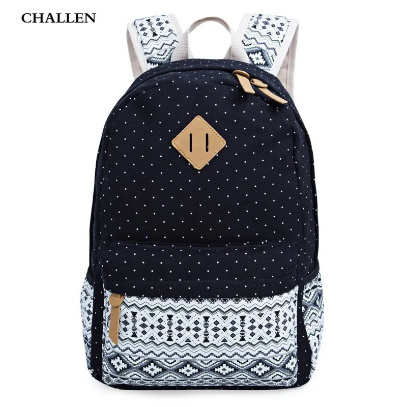 High Quality New Ethnic Preppy Style Zipper Backpack School for Girls Dot Canvas Computer Travel Women
