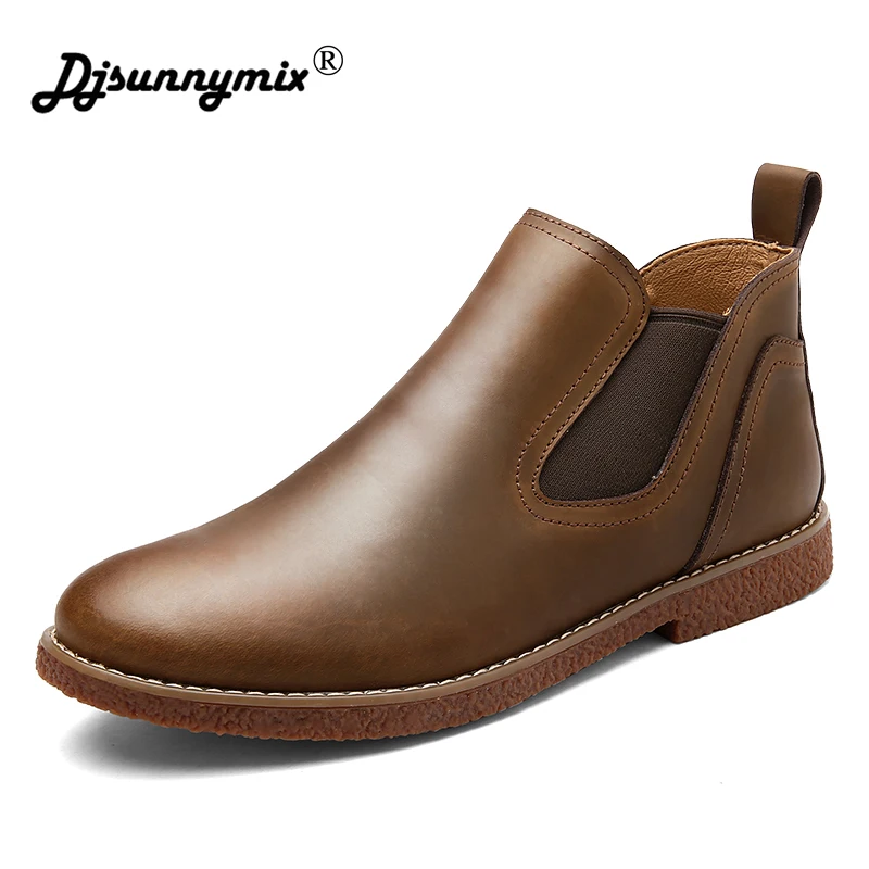 

DJSUNNYMIX Autumn Winter Men Martin boots Slip-On Pointed Toe Chelsea Boots Genuine leather Breathable Ankle Boots Male shoes