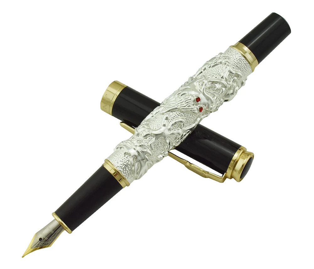 Jinhao Vintage Fountain Pen Auspicious Dragon Carving Heavy Pen, Iridium Fine Nib Noble Silver Business Office School Supplies