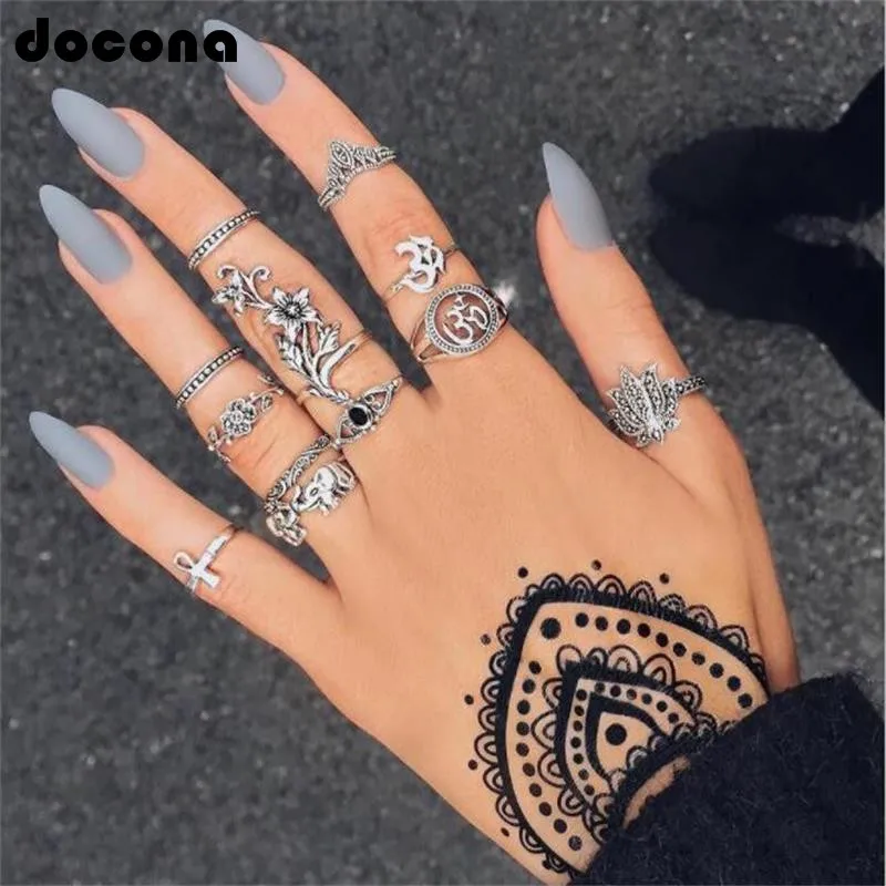 

Docona Boho Silver Crystal Knuckle Ring for Women Geometric Flower Finger Midi Rings Set Anel Anillos Jewelry 6502