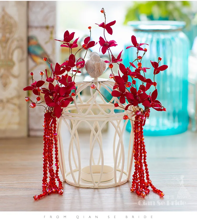 1 пара красный цветок бисер кисточка невесты цветок заколка невесты украшения для волос свадебный головной убор