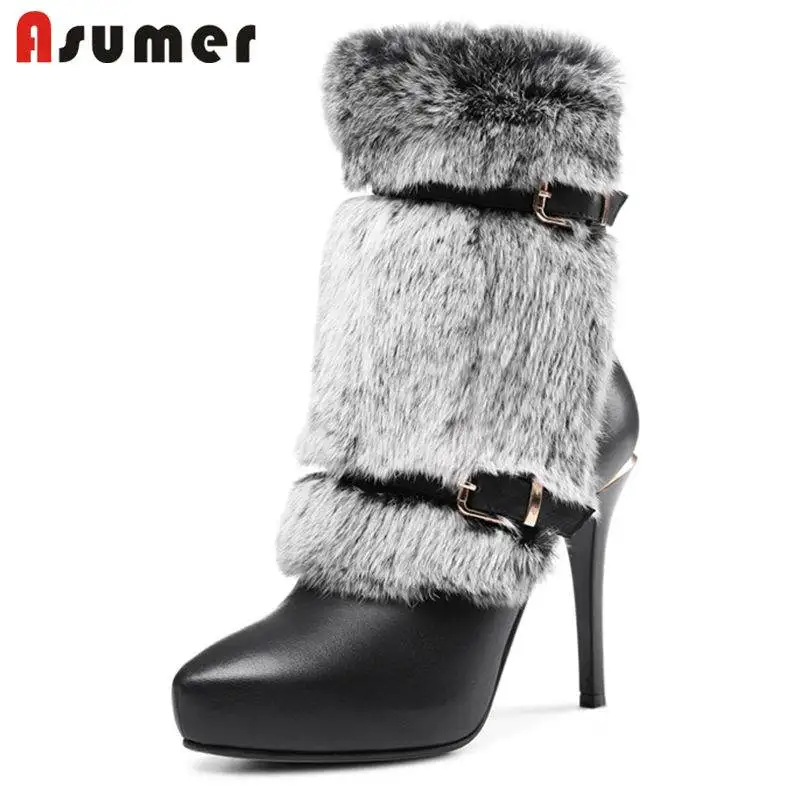 

ASUMER 2020 HOT fashion fur genuine leather boots pointed toe ankle boots for women super high stiletto heel zipper winter boots