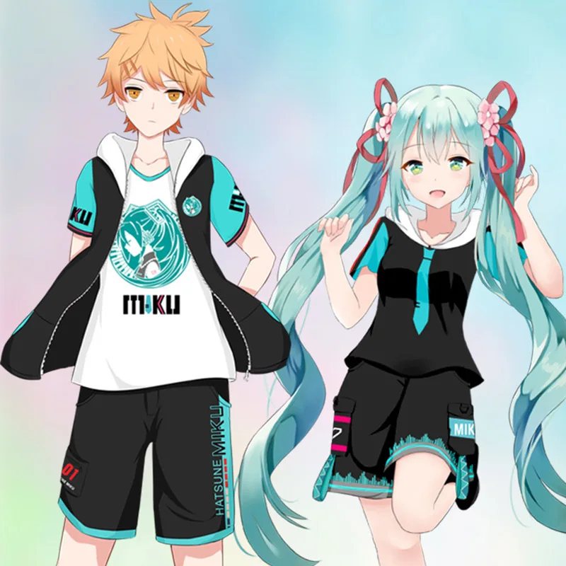 Skup Anime Vocaloid hatsune Miku Zipper z kapturem krótki rękaw bluzy kostiumy Cosplay Casual Narmcore sweter z kapturem Miku spodnie