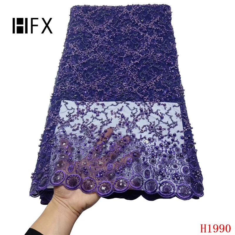 

HFX heavy beaded lace fabric handmade 3d flower luxury french net lace 2019 bridal lace fabric dentelle tissu 5yard/lot H1333