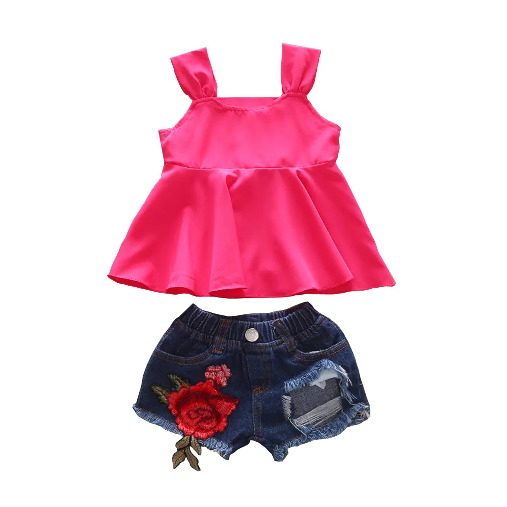 

2019 Toddler Kids Girls Clothes Set Straps Solid Top Flower Denim Shorts Outfit Summer Baby Girl Outfits Clothing 1 2 3 4 Years
