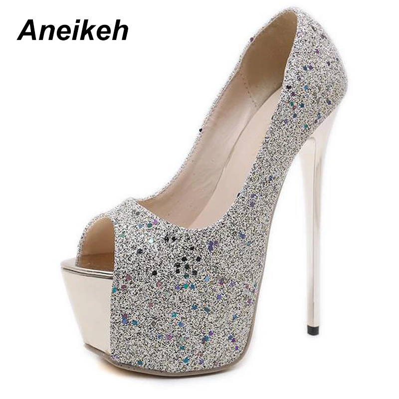 

Aneikeh Sexy Sequins Women Pumps 16CM High Heels Women Shoes Simple Fine Heels Peep Toe Women's Shoes Size 34-40 Golden