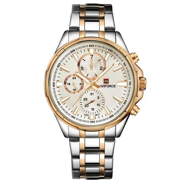 NAVIFORCE Мужские часы от ведущего бренда, роскошные черные полностью стальные водонепроницаемые кварцевые часы, мужские повседневные спортивные часы с хронографом, наручные часы - Цвет: Gold White