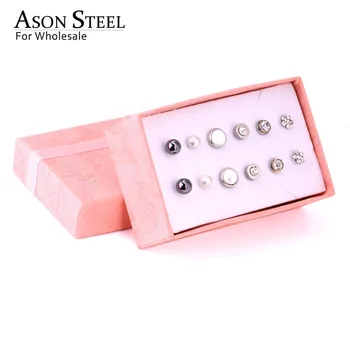 

ASONSTEEL Earring Fashion Jewelry Punk Style 6Pairs/box Mixed Shape CZ Stud Earrings Stainless Steel Silver Jewelry Brincos Gift
