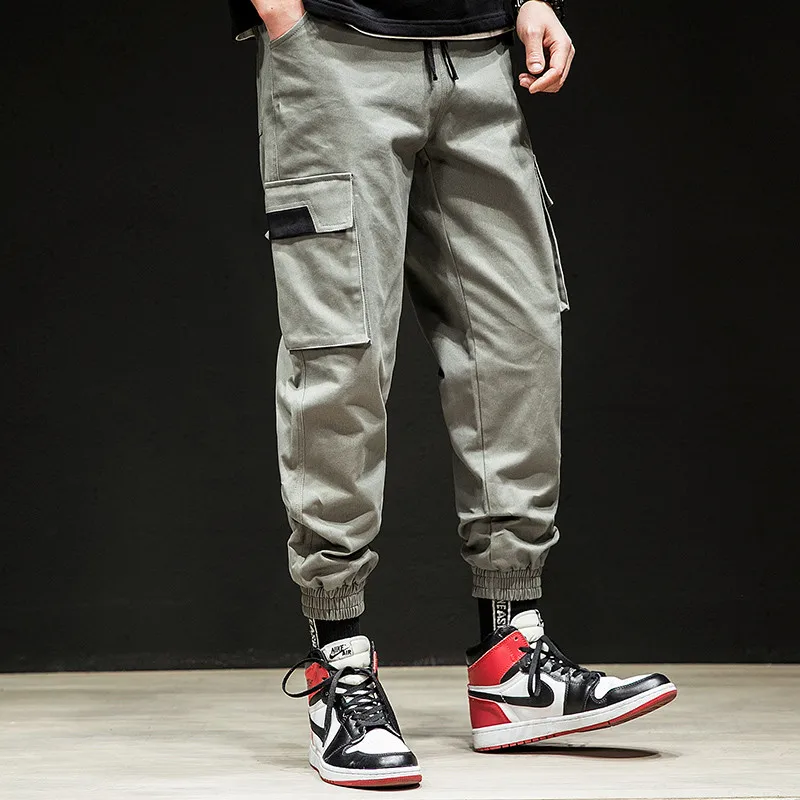 Мужские брюки-карго армейского зеленого цвета с большими карманами, мужские повседневные брюки, легкие спортивные брюки в стиле хип-хоп с вышивкой и несколькими карманами - Цвет: K107 gray
