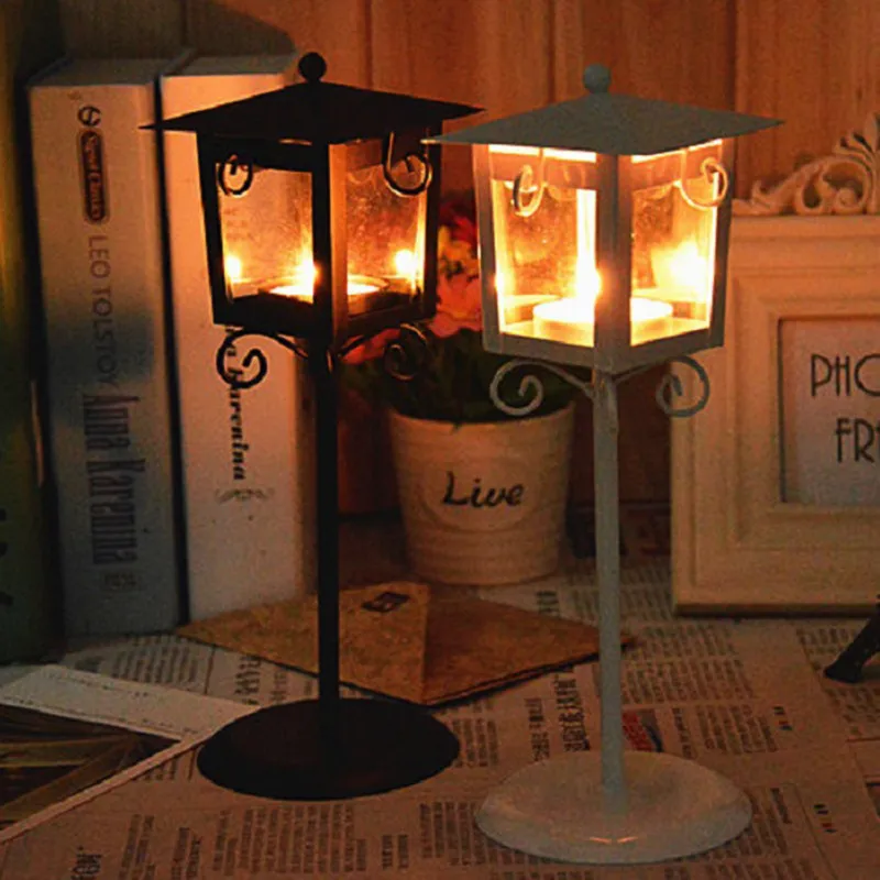 

Wedding Decoration Desk Ornament Retro Street Light Candlestick Classic Iron Glass Candle Holder Lantern Iron Glass Candle Stand