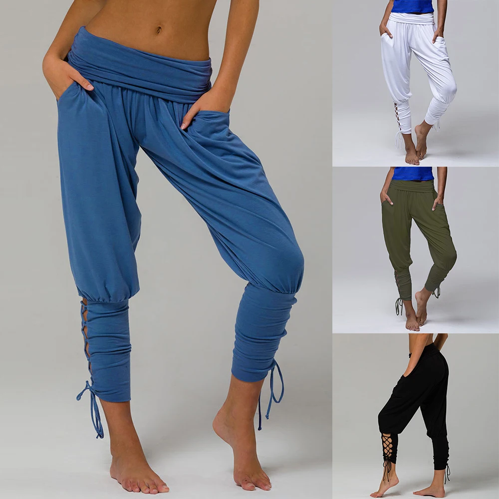 

Casual Solid Pants Women Bow Hollow Out Pencil Trousers Elastic Waist Drawstring Pantalon Femme Loose Oversized Joggers Ladies