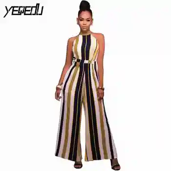 

#1513 Sexy Wide Leg Jumpsuit Body Femme Sleeveless Female Halter Colorful Striped Womens Rompers Loose Body Mujer