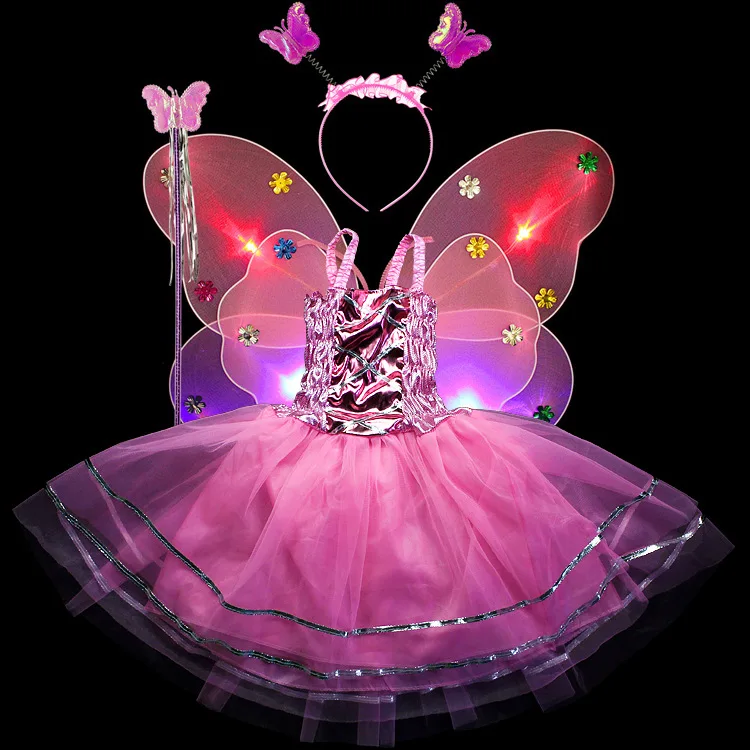 4 шт./компл. блестящие бабочка Косплэй сценический костюм Детский костюм для вечеринок Феи для Девочки Малыш вспышка с крыльями бабочки, волшебной палочкой, платье с повязкой комплект - Цвет: Pink