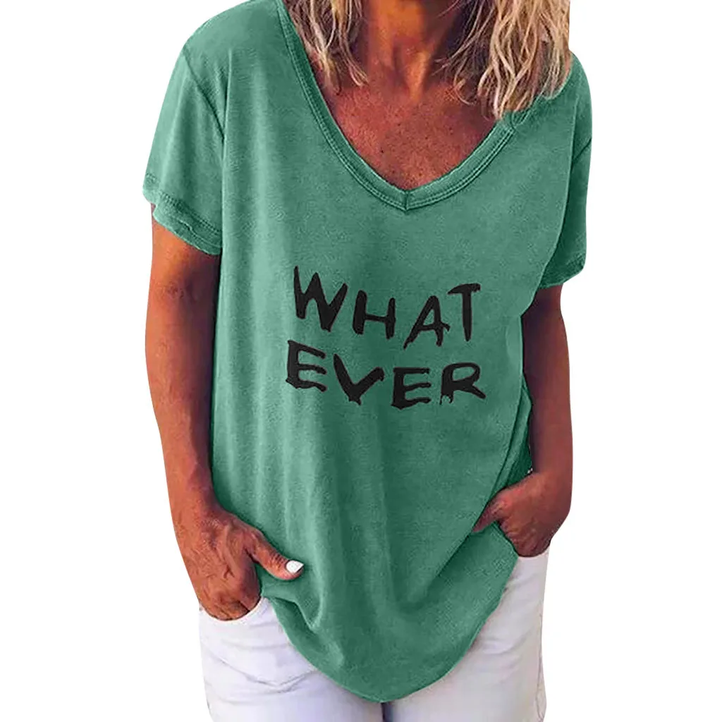 Женская футболка с v-образным вырезом, Повседневная футболка с буквенным принтом, топы с коротким рукавом размера плюс 5XL, летние футболки, футболки выше размера d, Poleras# Z20 - Цвет: Green