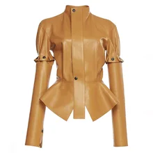 Women Casual Jackets Autumn Winter Brown Plain PU Slim Stand Collar Removable Ruffle Button Patchwork Casual