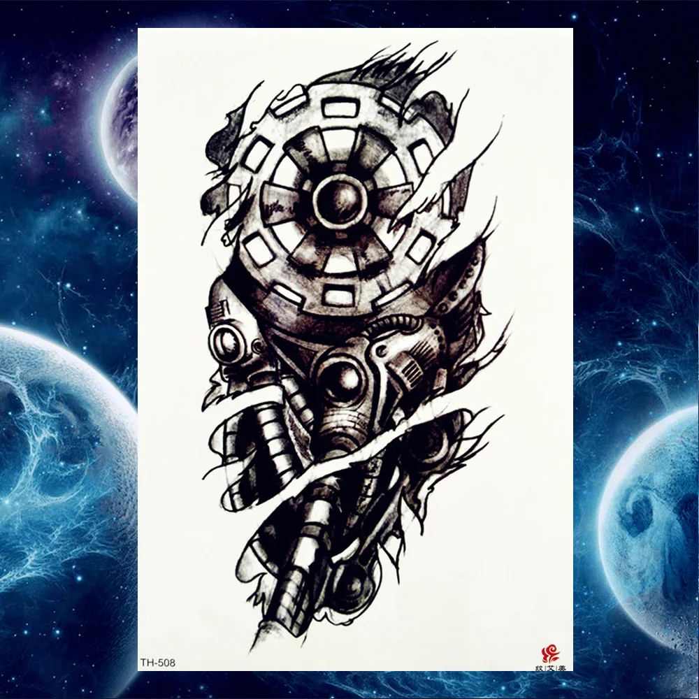 Men's Fashion Robotic Arm Tattoo Temporary Black Fake Wheel Women's Leg Tattoo Stickers Tribal Sleeve Water Transfer Decal image 6
