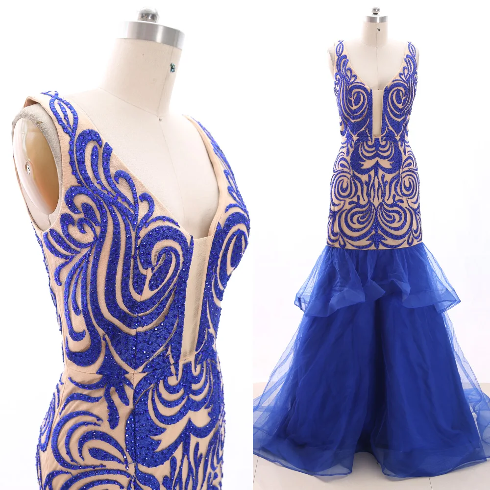 

MACloth Royal Blue Sheath V Neck Floor-Length Long Crystal Tulle Prom Dresses Dress M 266101 Clearance