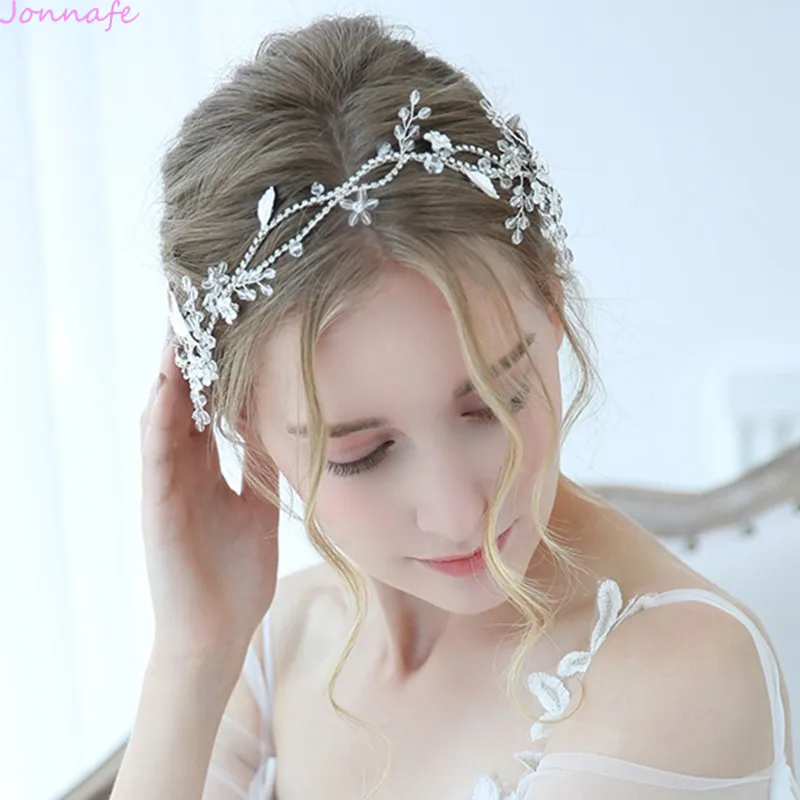 Jonnafe очаровательный свадебный головной убор серебряные Стразы Свадебная повязка Диадема ручной работы аксессуары для волос для невесты