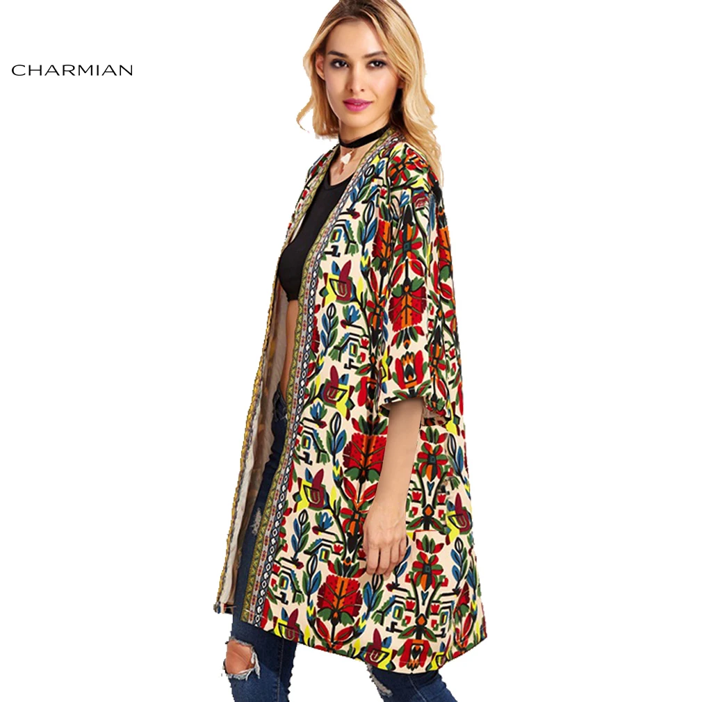 Charmian Women's Fashion Tribal Ethnic Print Oversized Coat 3/4 Sleeve
