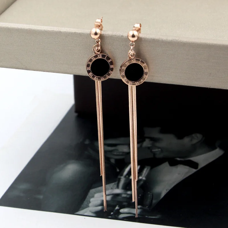 

Fashion Jewelry, steel ball crane black Roman numeral, fringed rose gold ear nail, hot selling female style