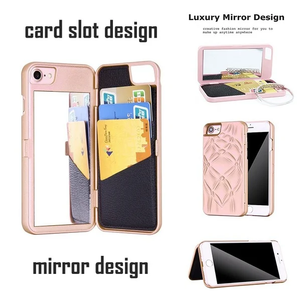 Lady Make Up Card Slot Wallet Mirror Case for iPhone 5 5S SE 6 6S 7 8 Plus X Makeup Hard Back Cover Leather Flip Phone Cases