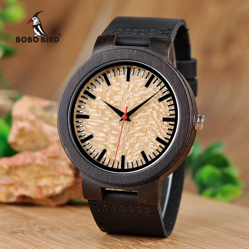 BOBO BIRD Men Ebony Wood Watches Bamboo Quartz Watch Male Brand Luxury WristWatch in Gift Box