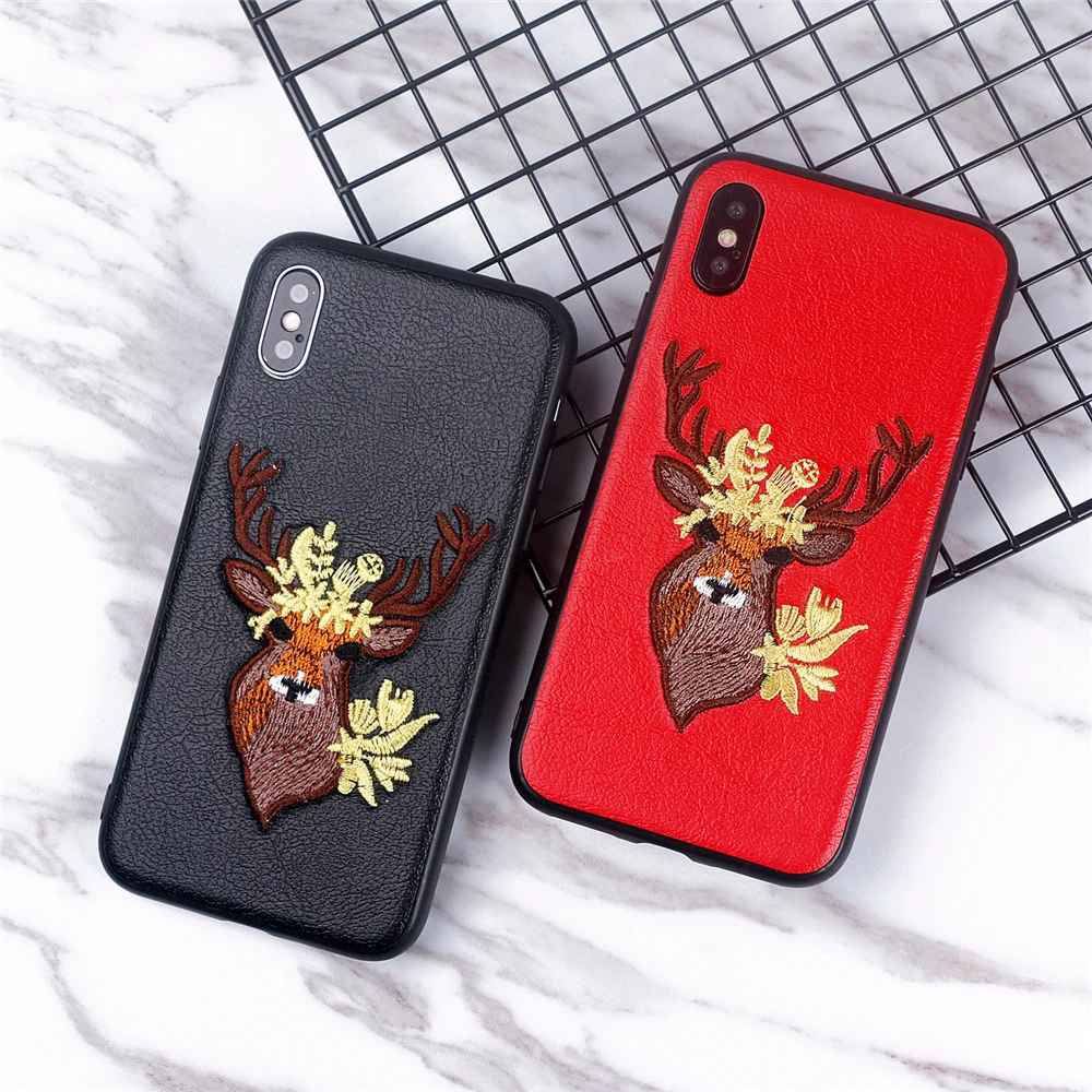 

luxury Handmade embroidery 3D Deer Head case for iphone X girl phone case for iphone x 6 6s 8 7 plus cover for iphoneX Case