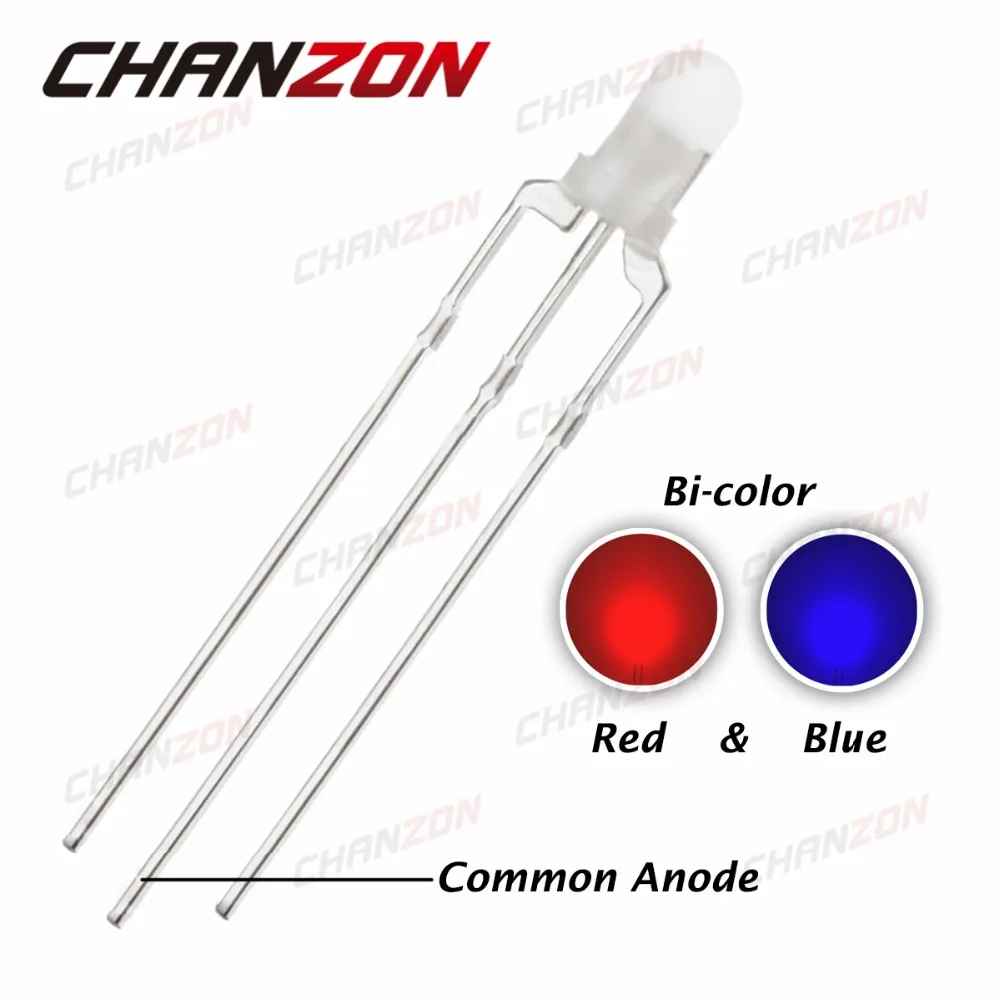 

CHANZON 100pcs Common Anode 3mm LED Diode Light Red And Blue Diffused Round Bicolor 3Pin 3 mm Dual Color Light-Emitting Diode