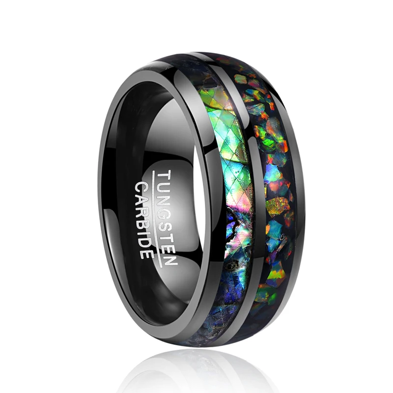 Новинка 8 мм широкое Гальваническое черное инкрустированное панцири Опаловый купол вольфрамовое стальное кольцо для свадебного подарка кольца