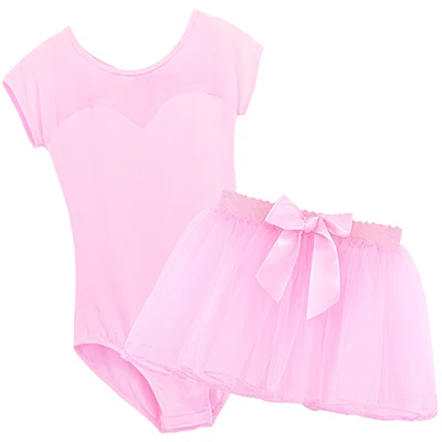 Новинка, стильные детские пижамы для балета для девочек короткий рукав трико с юбкой; Одежда для танцев из сетчатой ткани, с открытой спиной, танцевальное трико для балета - Цвет: Pink Set