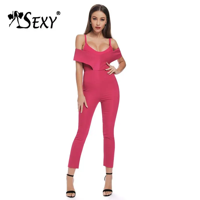 

Gosexy 2019 New Fashion Sexy Off The Shoulder V Neck Long Skinny Pants Women Party Club Bodycon Stylish Casual Jumpsuit Rose Red