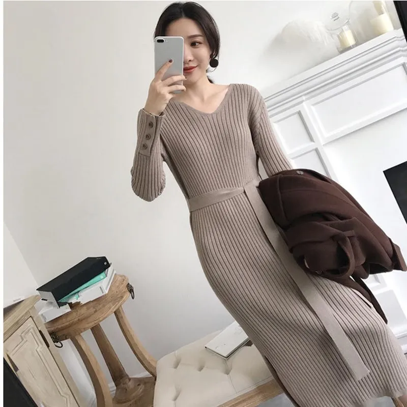 

2019 Spring Women Long Knitted Dresses V Neck Split Sashes Sweater Dress Long Sleeve Sheath Dress