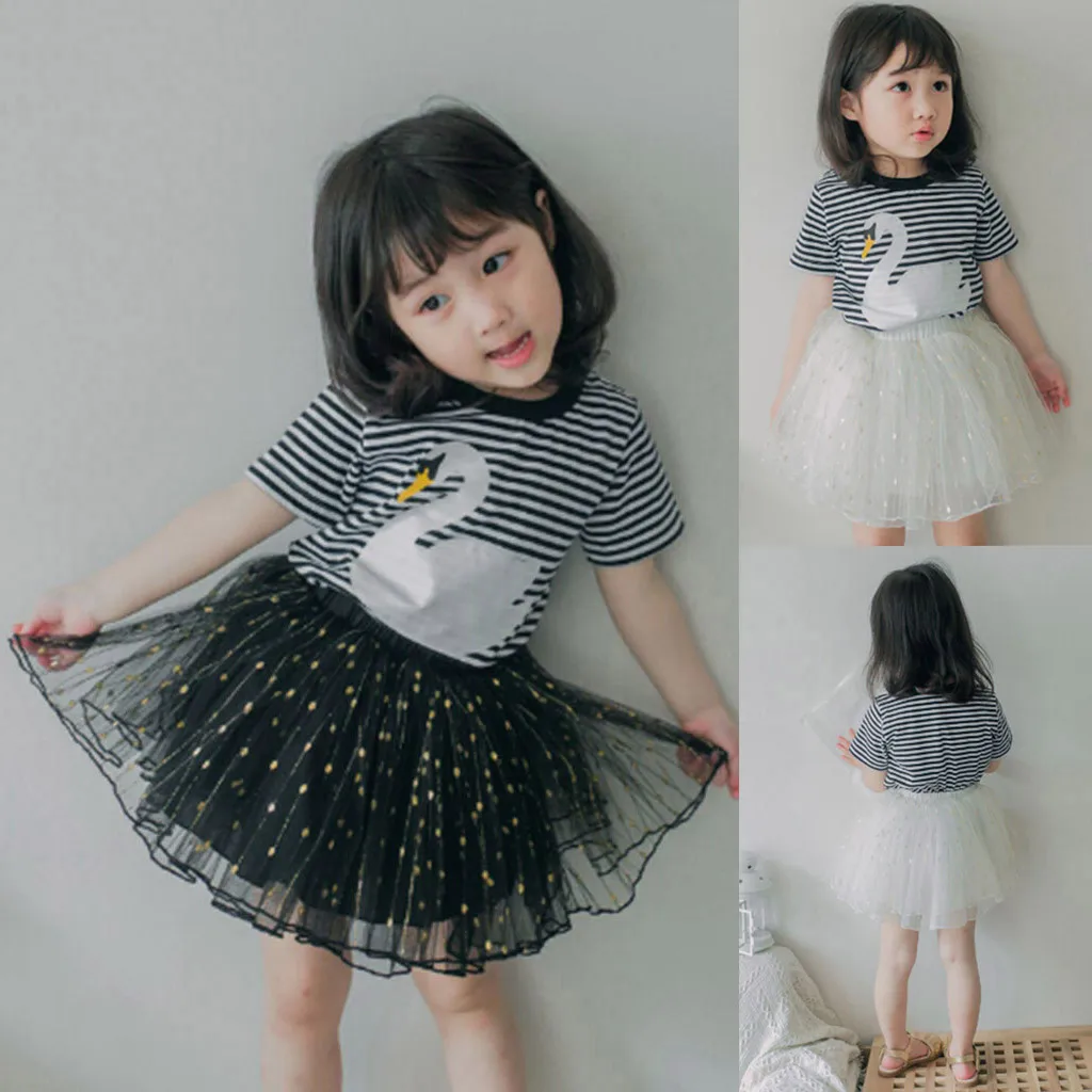 

MUQGEW 3Y-7Y Bebes Toddler Kids Baby Girls Party Dress Kids Outfits Clothes Stripe Swan T-Shirt+Tulle Skirt 2PCS Set Robe Fille