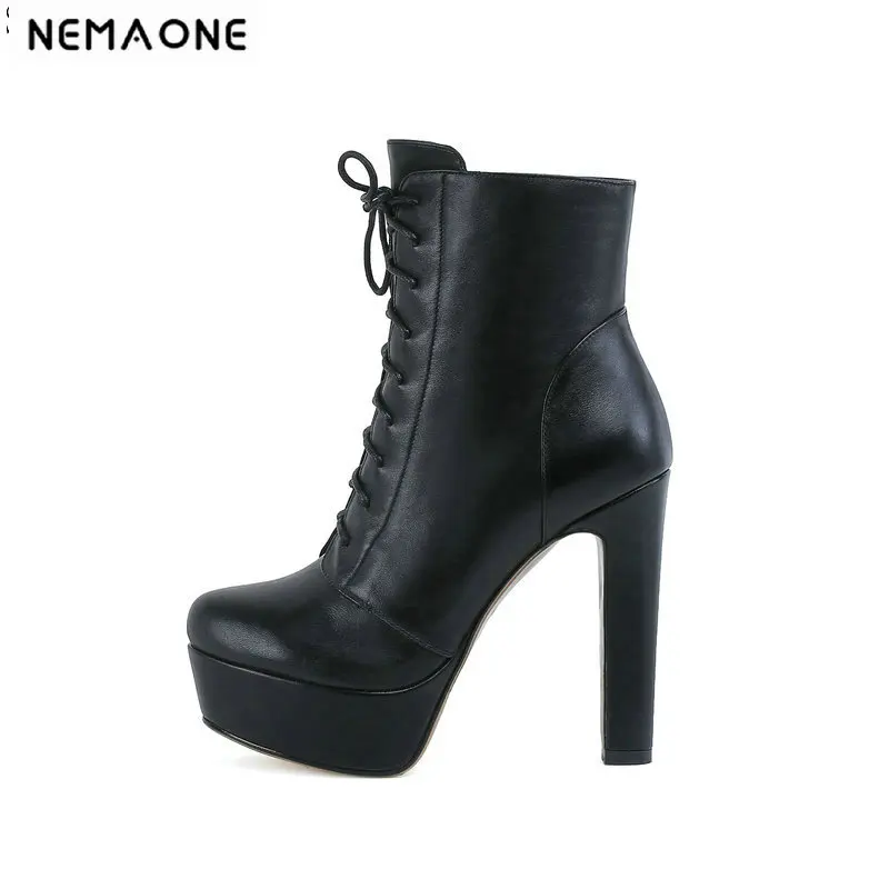 

NEMAONE Cow Leather Women Ankle Boots Women Autumn Winter super high heels platform Shoes Woman lace up Ladies Boots