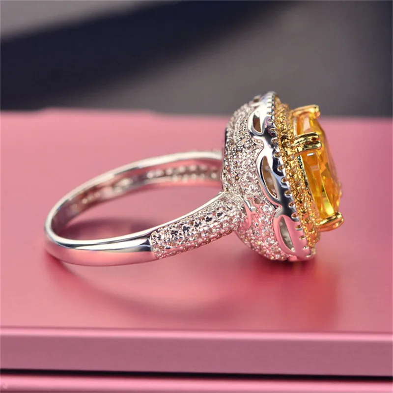 Ювелирные кольца для женщин, Серебро S925 пробы, роскошный желтый камень, Большой кубический цирконий, прямоугольное кольцо, хорошее ювелирное изделие, Anillos Mujer