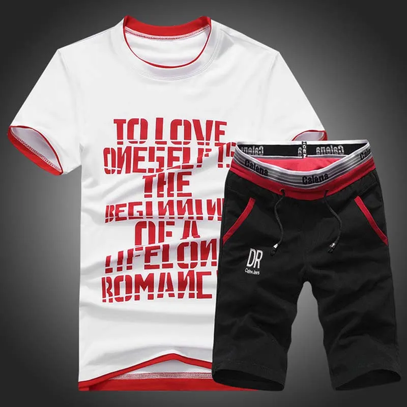 OLOEY 2019 summer mens sport suits shirt & shorts two piece men set slim fit jogging male set casual korean print sporting suit