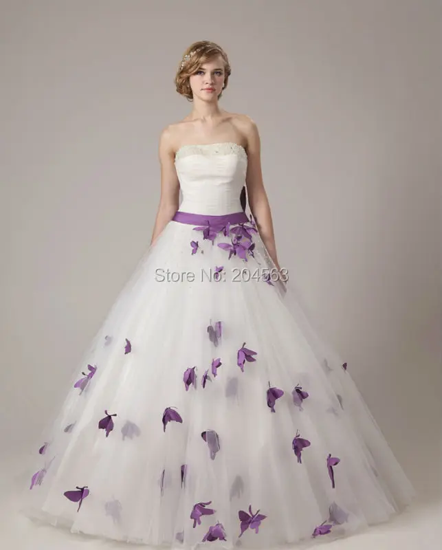 С бисером без бретелек свадебное платье с фиолетовыми бабочками нестандартного размера и цвета