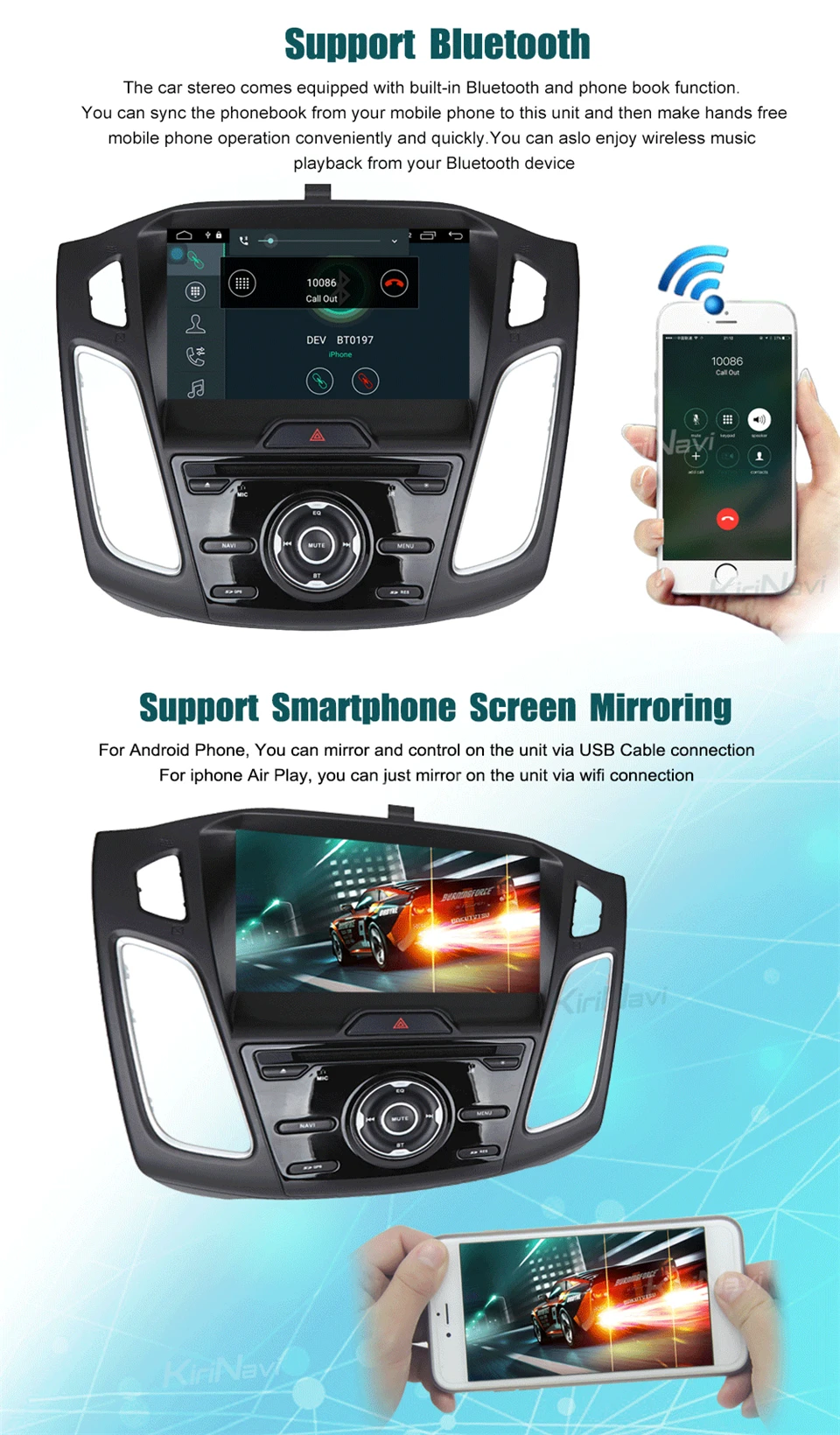Best KiriNavi Octa core 4G LET android 7 car autoradio for ford focus navigation 2015 - 2017 support 4K Video 4G 3
