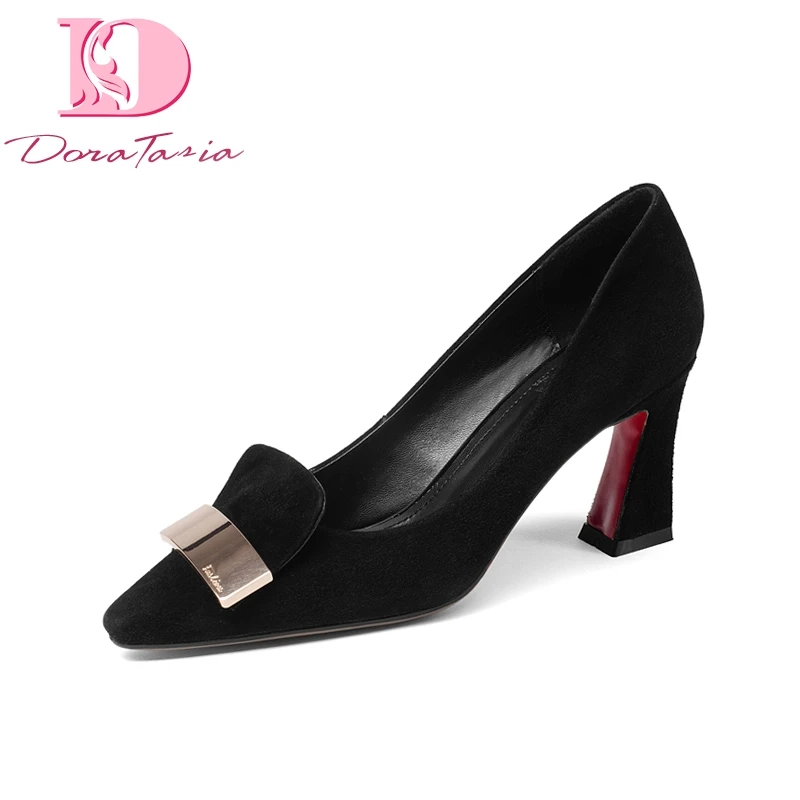 DoraTasia Brand New Genuine Leather Square High Heels Metal Decoration Solid Shoes Woman Fashion Spring Pumps DoraTasia Brand New Genuine Leather Square High Heels Metal Decoration Solid Shoes Woman Fashion Spring Pumps