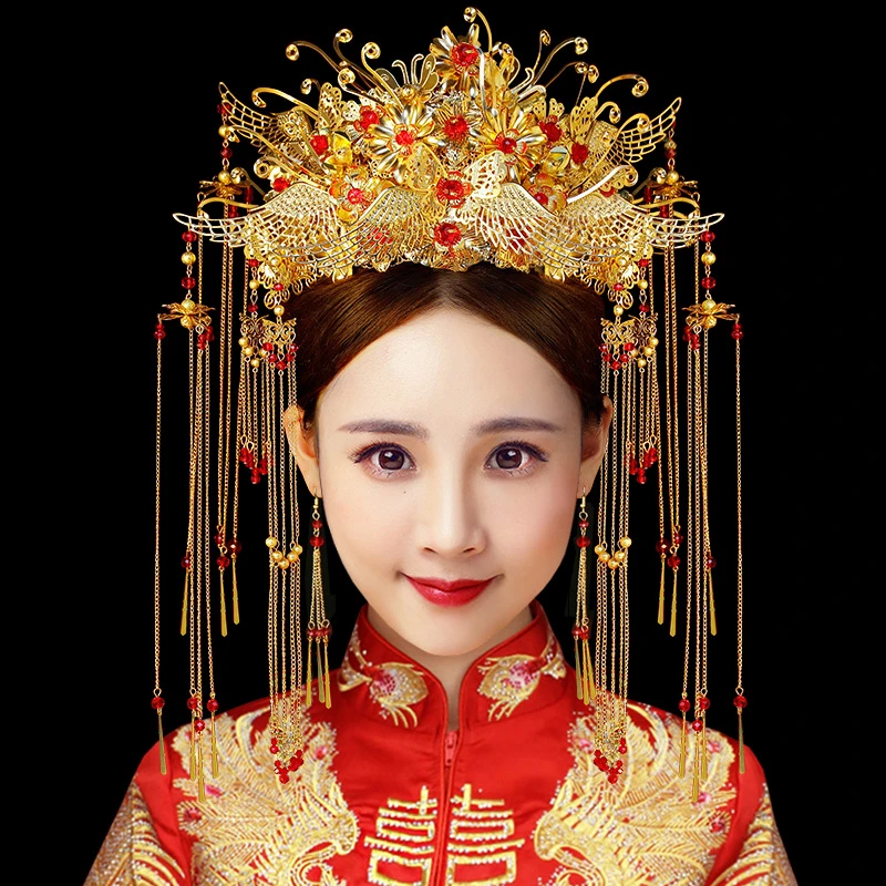 JaneVini Новая роскошная китайская Золотая свадебная корона с серьгами древняя Свадебная заколка с длинной кисточкой Свадебные украшения Аксессуары для волос