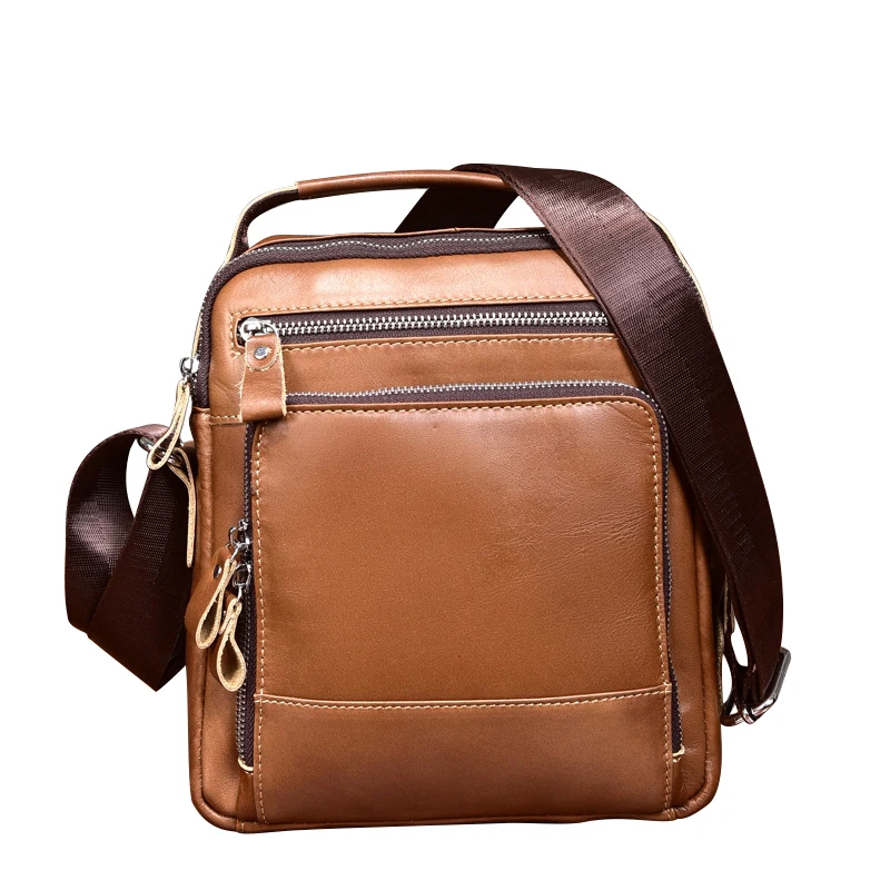 

Brown Men Messenger Bag Vintage Thread Handbag Genuine Leather Shoulder Bags for Men Cow Leather Male Flap Small Zipper Soft Bag