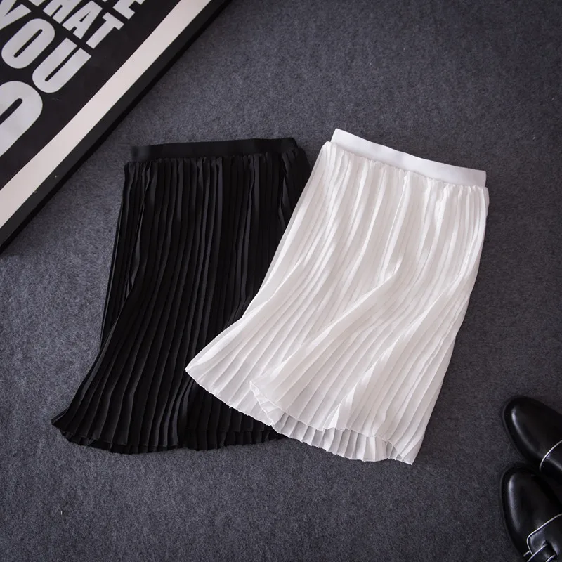 

Fashion 2018 Women summer chiffon pleated skirt Lady Vintage Elegant Tulle Pleated Black White Skirt All-Match ZY4021