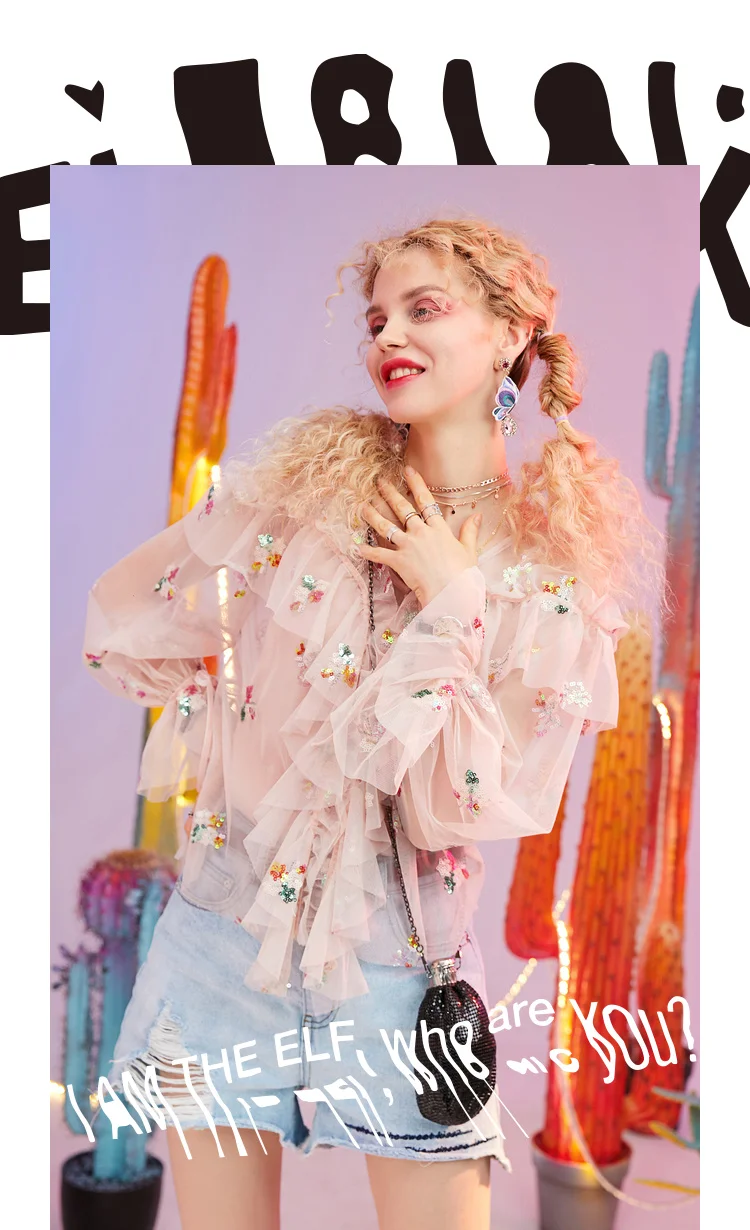 ELF SACK 2019 новые женские рубашки повседневные оборки Цветочные пайетки v-образный вырез шифоновая женская блузка Стильные расклешенные