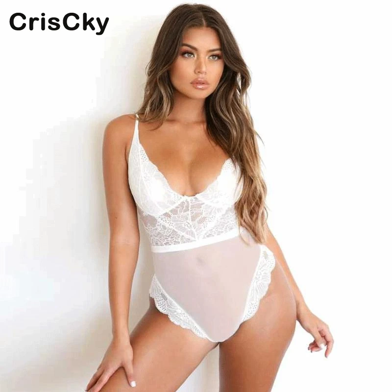 

CRISCKY New Sexy Skinny Bodysuit Women Backless Sleeveless Lace Mesh Patchwork Rompers Womens Club Jumpsuit Playsuit Women Tops