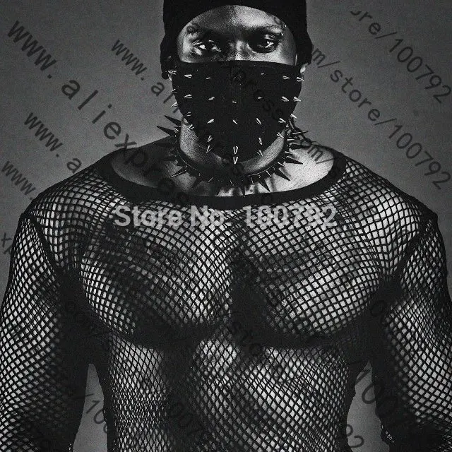 

2016 New Sexy Fashion Fishnet Mesh Tank Tops For Men Clothes Fetish Male Guy Black Long Sleeve Net Top Suits Mens Clothing