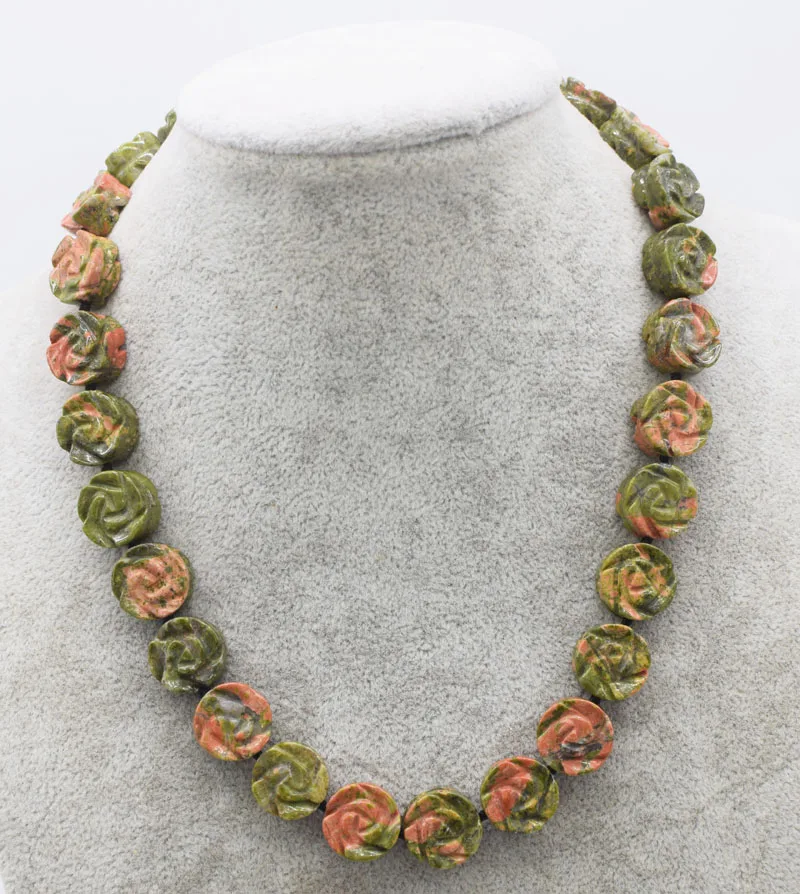 

unakite carved flower 14mm necklace FPPJ wholesale beads nature 17inch beads wholesale