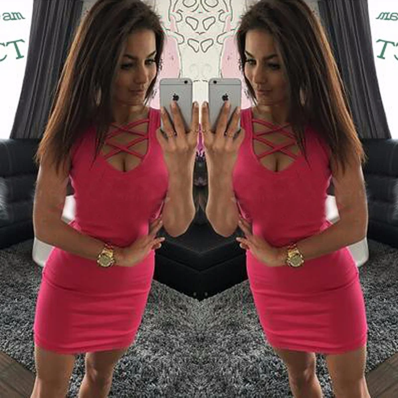 2016 Новая Коллекция Весна Летнее Платье женщин Bodycon V-образным Вырезом Крест