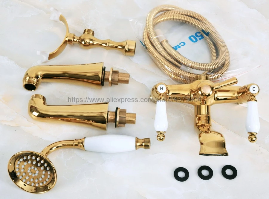 Bathtub Faucets Golden Telephone Bathtub Faucet Mixer Tap w/ Hand Shower Bath Shower Tub Faucet Dual Handles Nna140